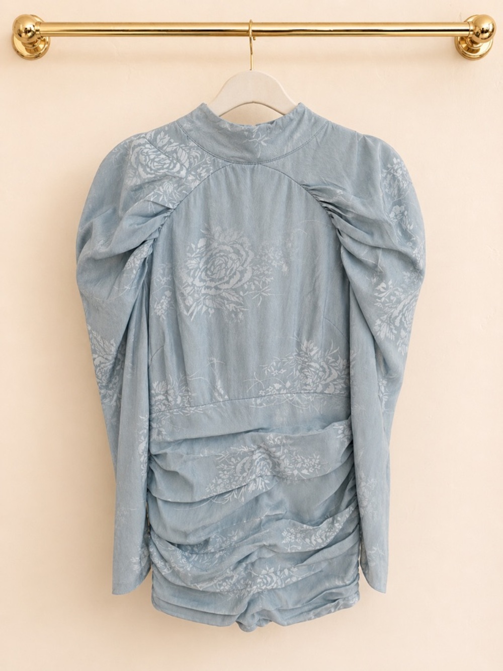 In The Style Light Blue Floral Ruched Puff Sleeve Mini Dress Small